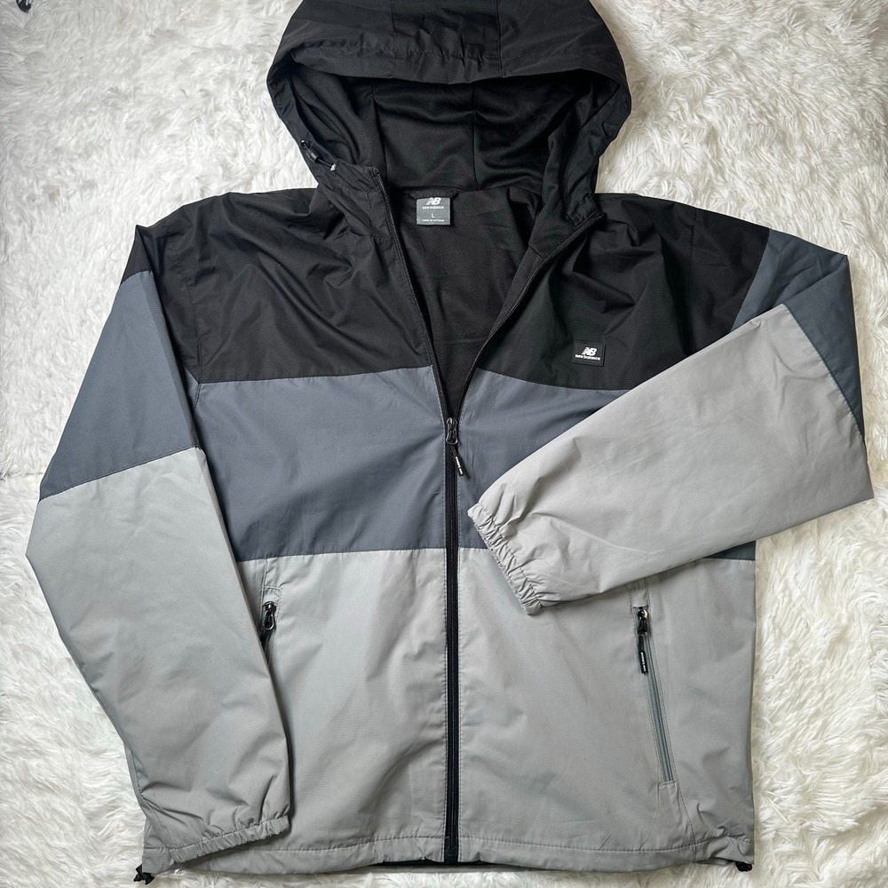 New Balance Colorblock Hooded Windbreaker Jacket Black Gray Mens Large Full Zip